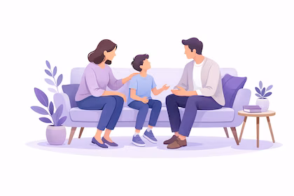 Illustration bienveillante : parent et enfant dans un cadre calme, échange apaisé.